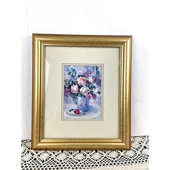 VTG Pink Roses In Vase Penny Dermand Print Wall Decor Hanging Framed 12"x15" - Picture 8 of 9
